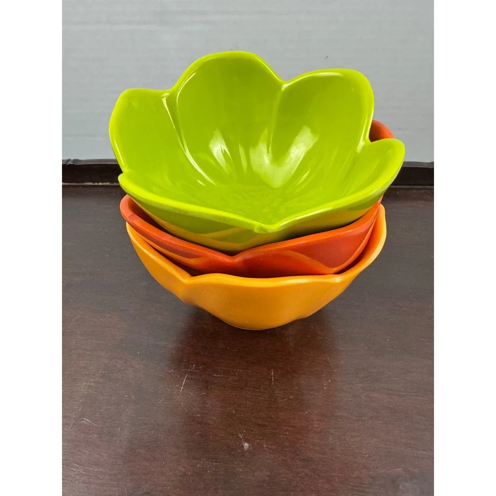 Set of 3 Flower Shaped Melamine Bowls Green Orange Yellow Petal Dip Snack Bowls